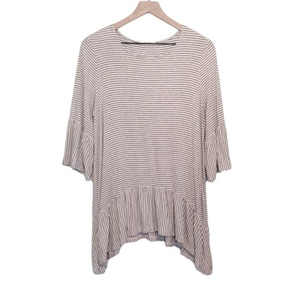 Pleione Gray & White Stripe Bell Sleeve Peplum Tunic Top Size Medium